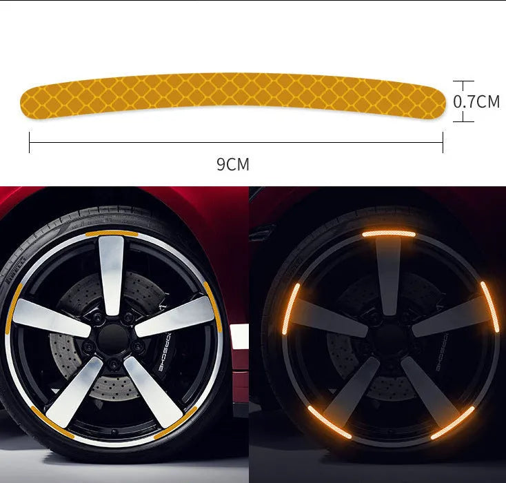 Pack of 20 arc-shaped reflective PVC stickers for car wheel hubs in multiple colours.