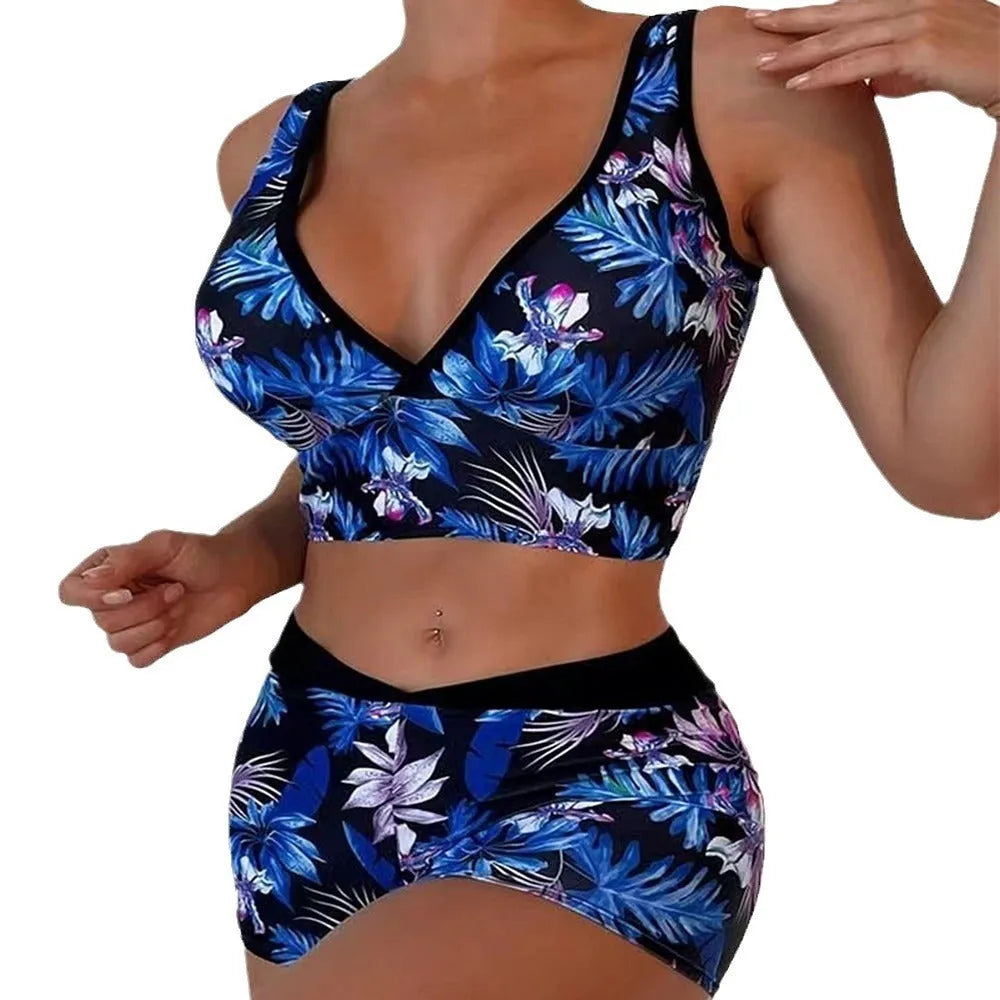 Women's two-piece swimsuit set with printed boxer shorts and a sleeveless bikini top in multiple colours.