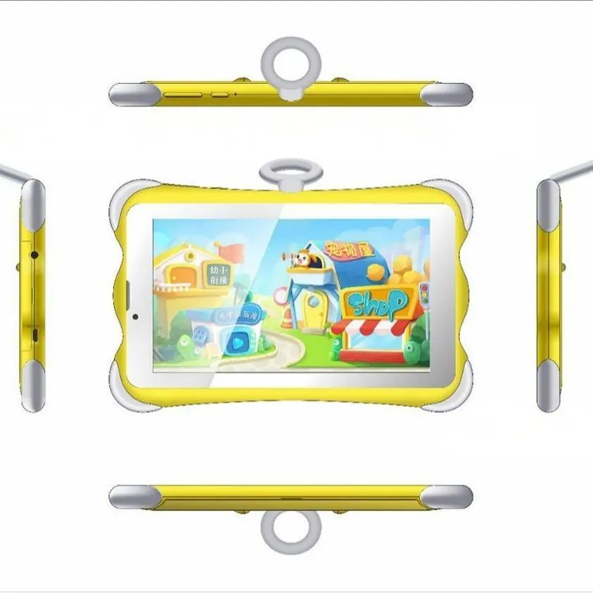 Cartoon-coloured 7-inch children's learning tablet with a flip-out stand on a table