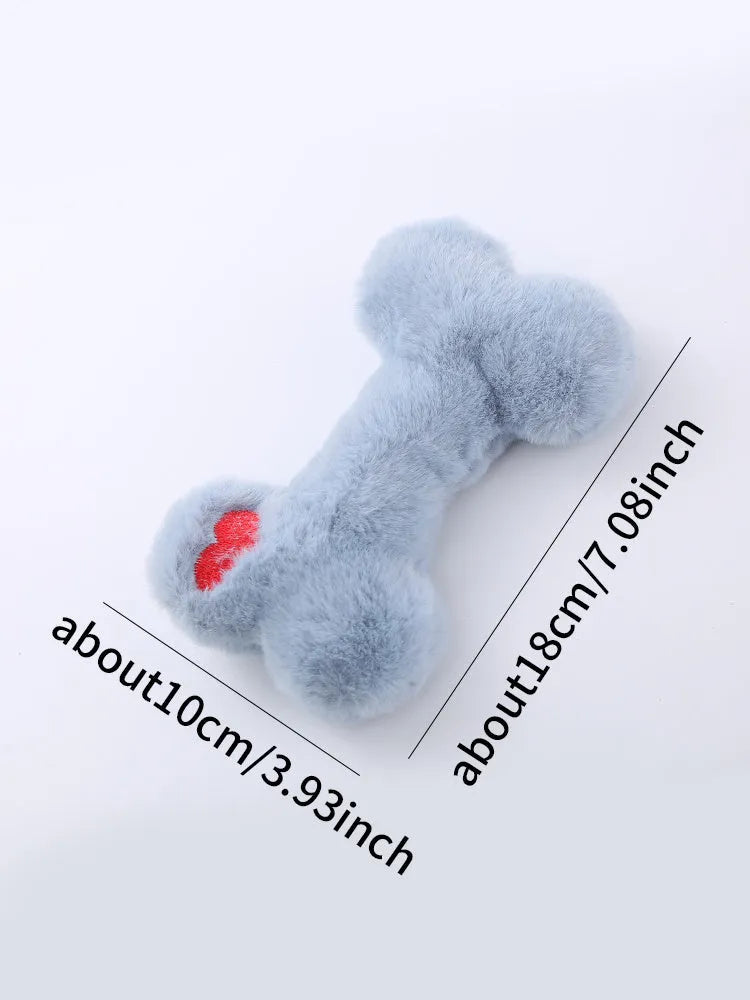 Blue plush bone-shaped dog toy with a vocal squeaker for interactive chew play