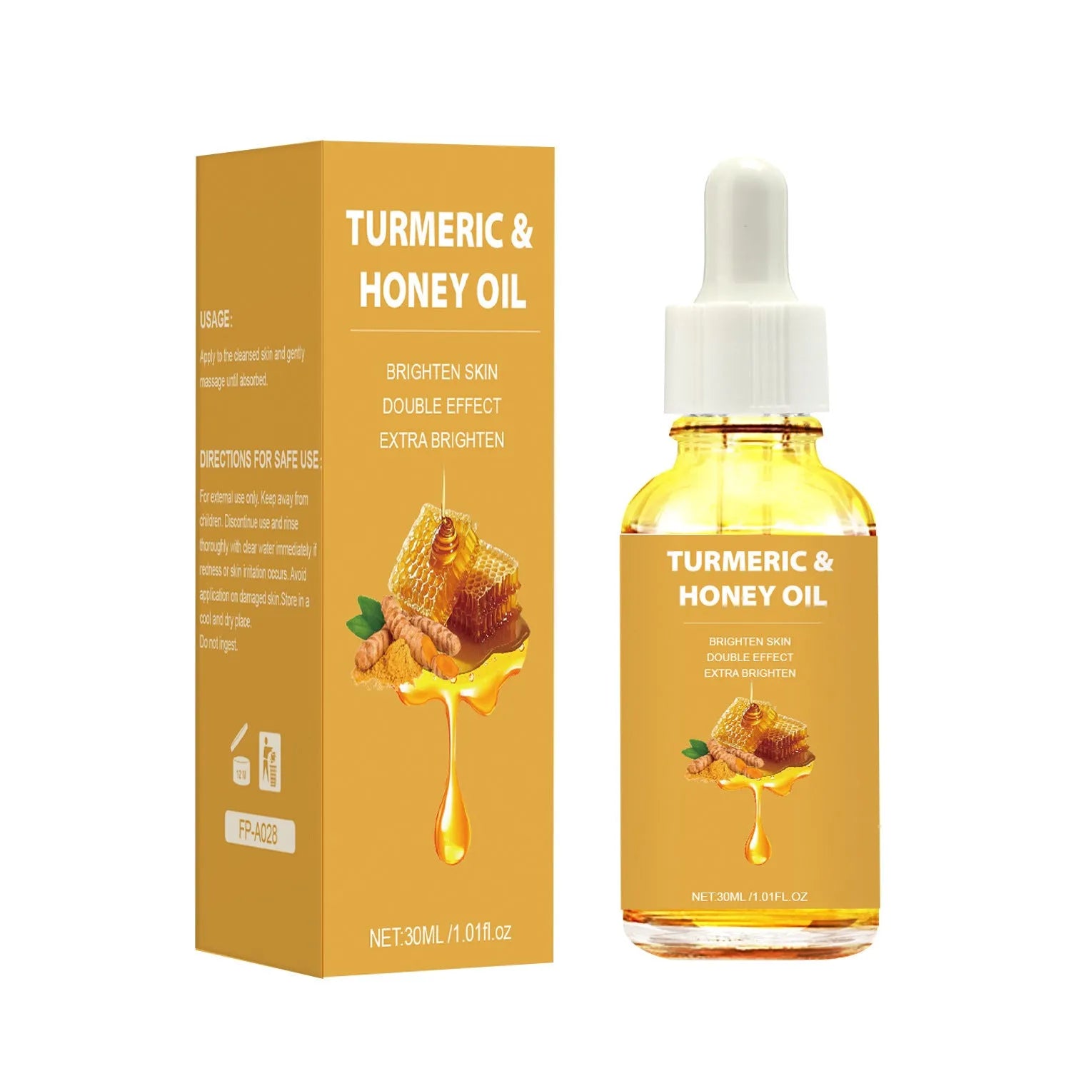 30ml glass bottle of Turmeric Honey Essential Oil with dropper on a neutral background.