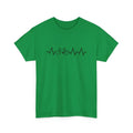 Green cotton short-sleeve t-shirt with a white creative letter print on the front.