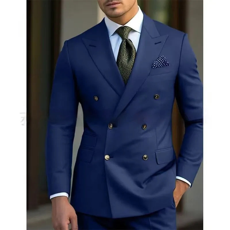 Men's two piece light business suit set in cotton blend fabric available in brown navy and gray sizes XXS to 7XL