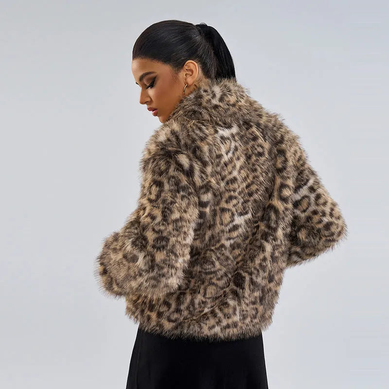 Leopard print women's coat with a buckle lapel detail on the collar