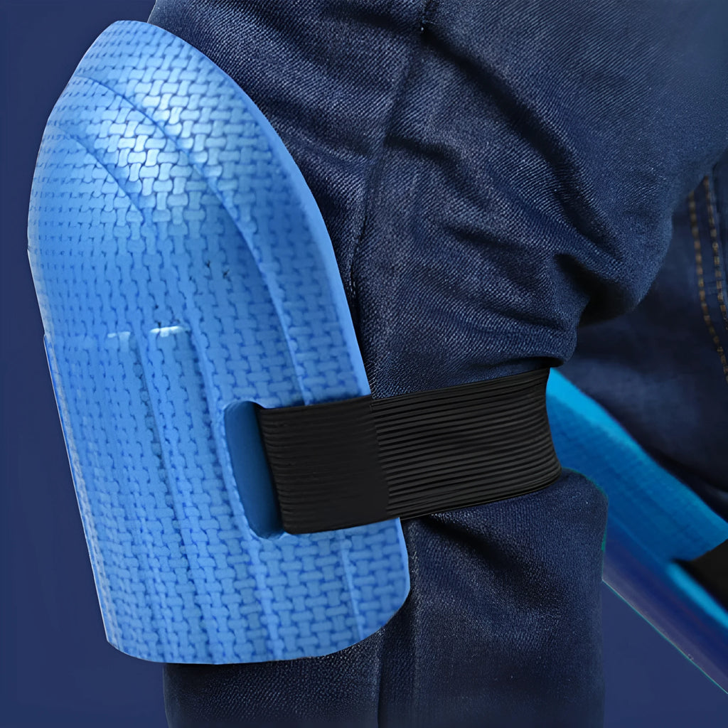 A pair of EVA foam kneepads in assorted colours, showing their thickness for knee protection.