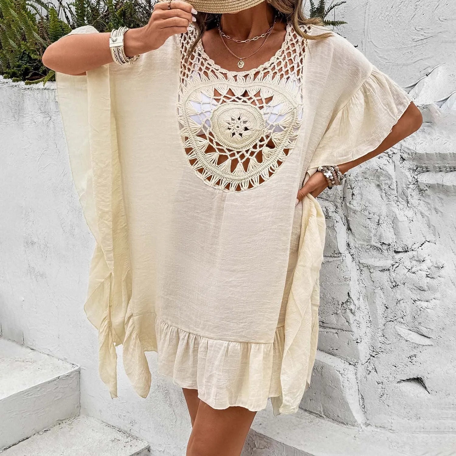 Women's crochet tassel patchwork swimsuit dress in slubbed fabric, shown in apricot colour