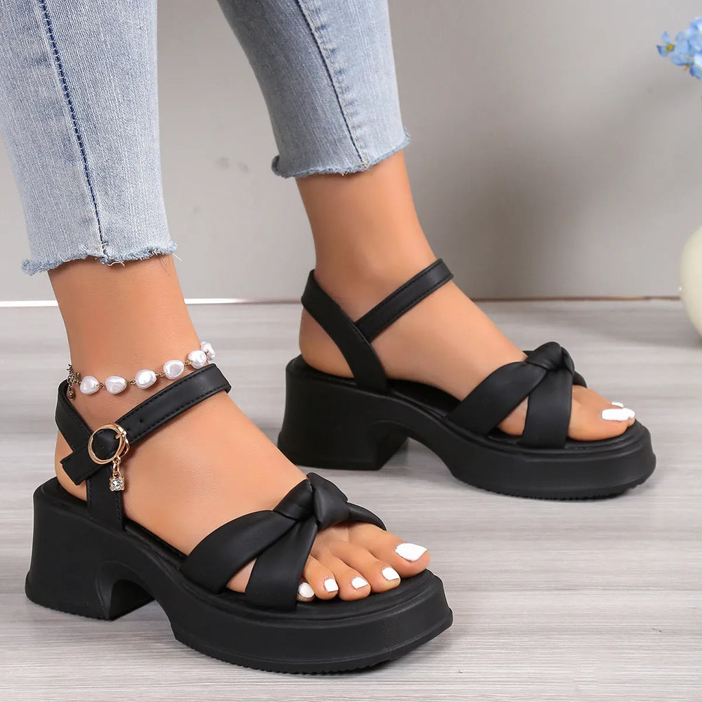 Black women's thick-heel slippers with skirted romantic style design and round toe