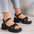 Black women's thick-heel slippers with skirted romantic style design and round toe