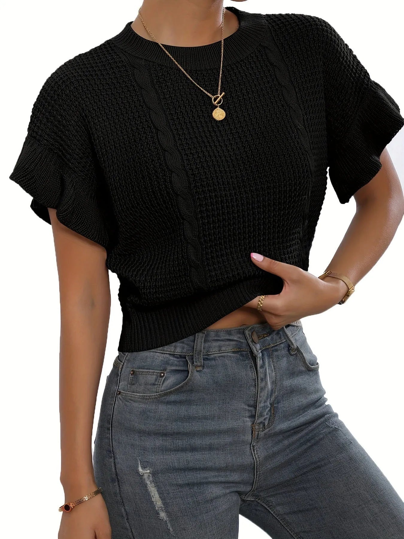 White knitted pullover sweater with ruffled short sleeves and twisted string 3D pattern texture