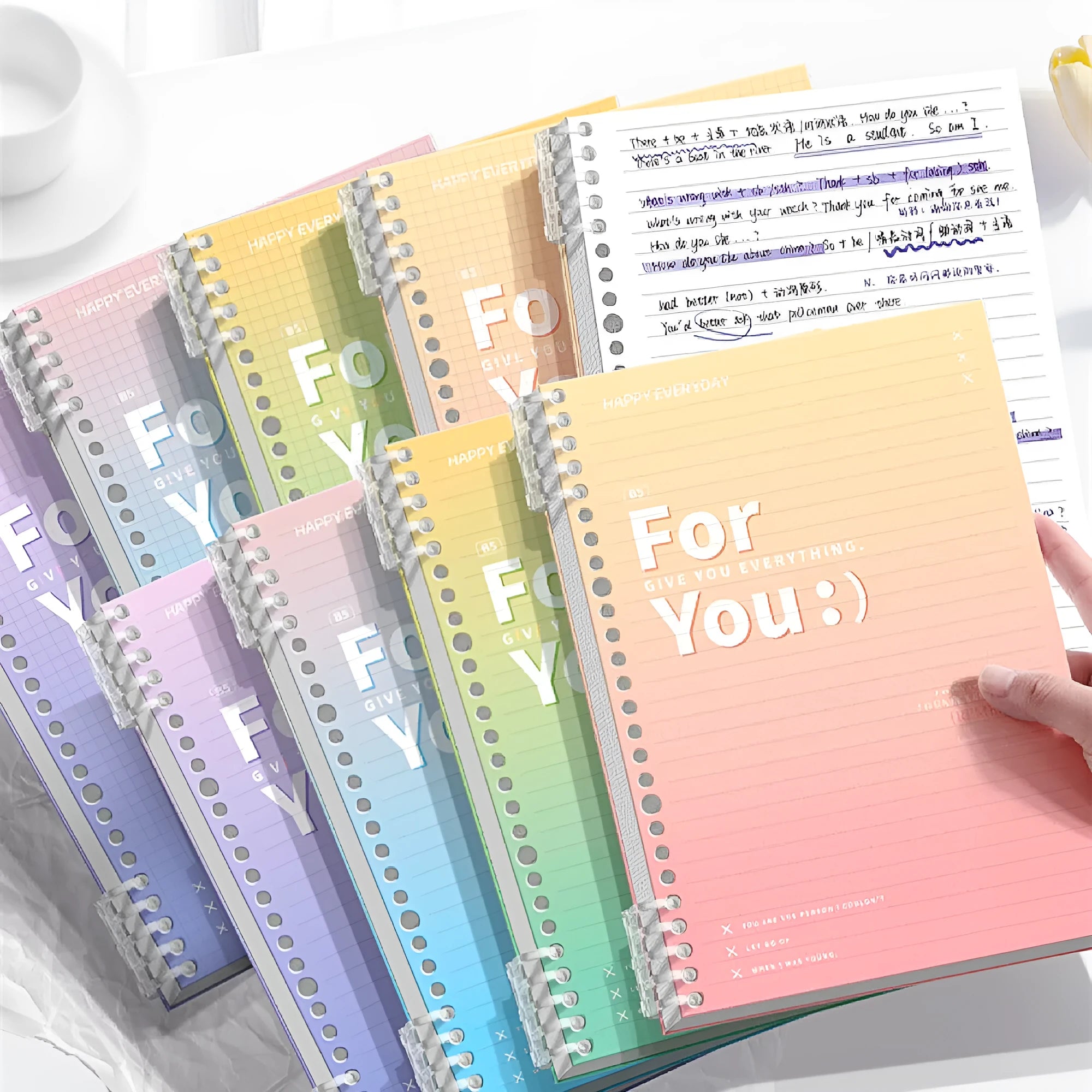 Gradient colour removable coil notebook with PP cover in blue, pink, green and purple options