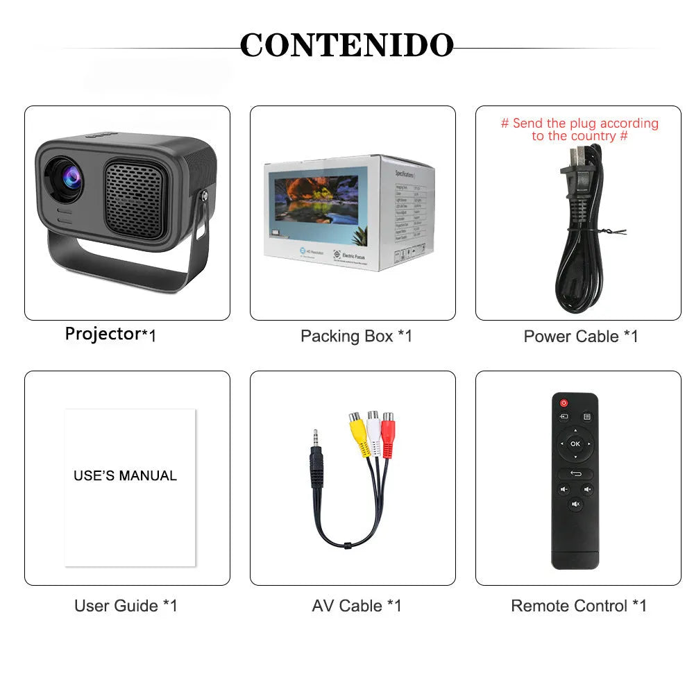 Black Android smart portable HD projector with remote control on table