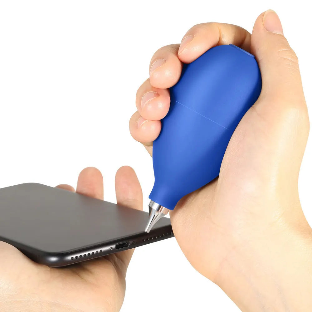 Blue rubber dust removal blower ball for cleaning camera lenses and mobile phones.