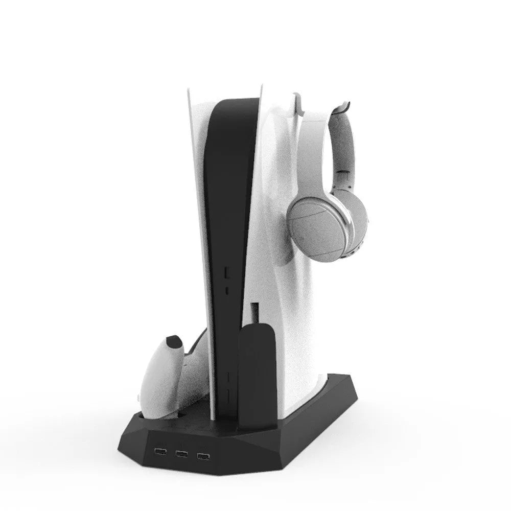 PS5 charging base radiator stand in black or white with USB port and earphone hook.