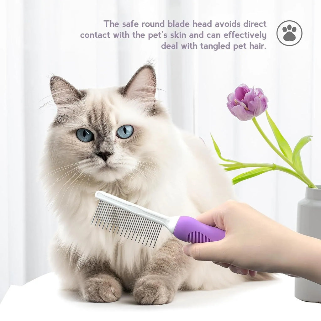 Purple pet detangling comb with stainless steel teeth on wooden surface