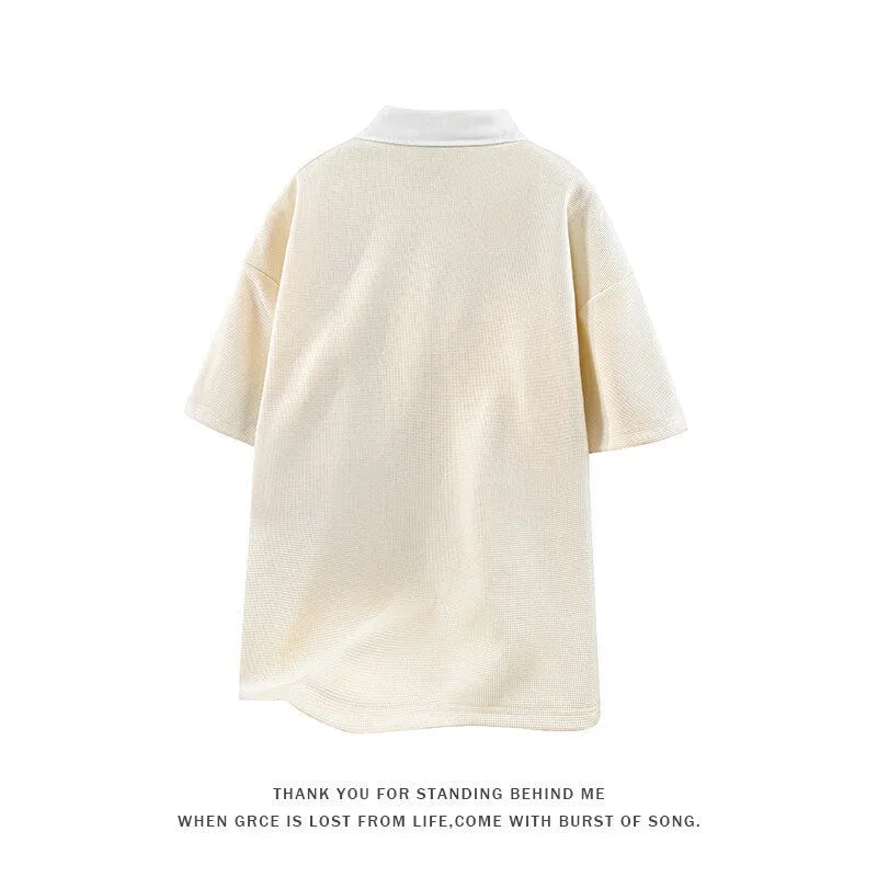 Men's thin heavy Henry collar polo shirt sweater in spandex, short sleeve pullover in apricot colour.