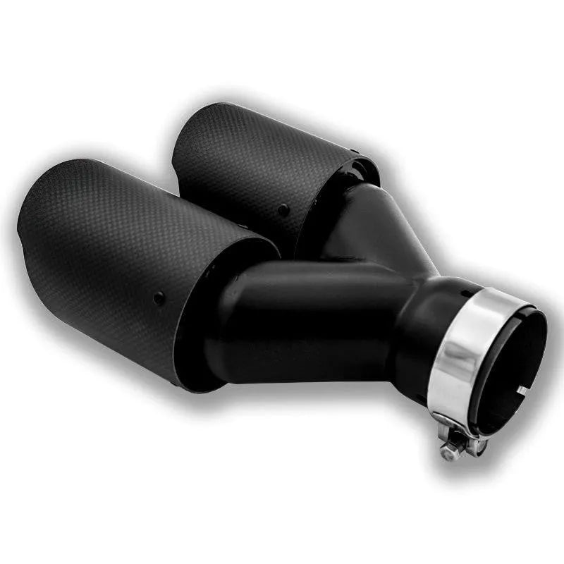 Black carbon fibre car exhaust silencer pipe with dual outlets, one nozzle open and one closed, showing 250mm length.
