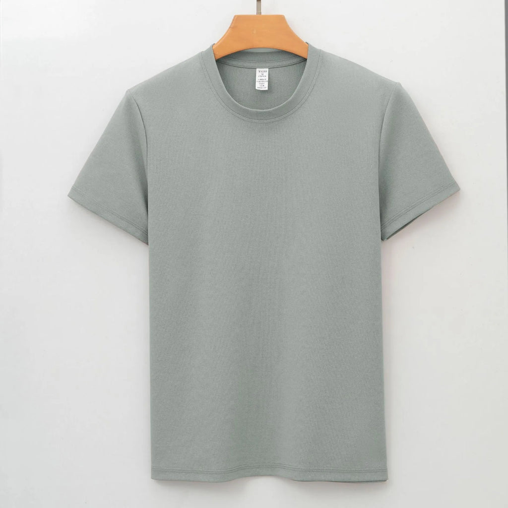 Men's solid colour quick-dry antibacterial short sleeve t-shirt on a hanger.