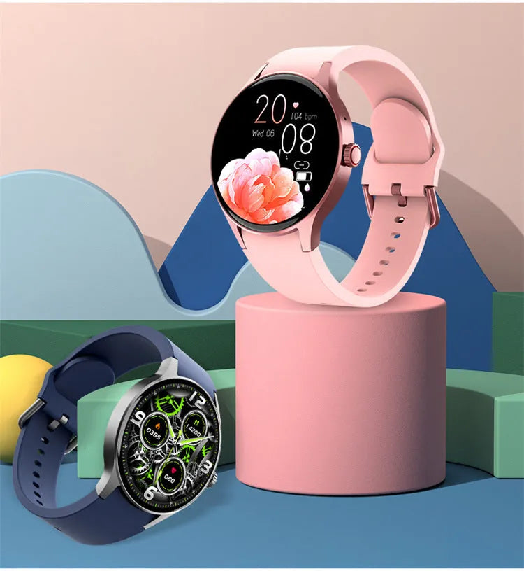 Black Bluetooth sport watch with round touch screen on wrist showing notification display