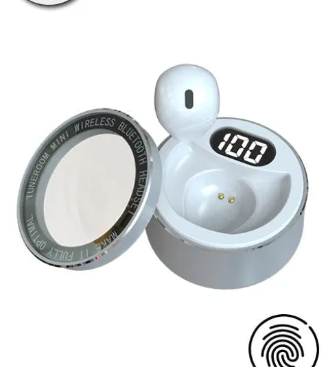 Invisible wireless Bluetooth headset with 9mm miniature earplug design in skin tone, white, and pink colours