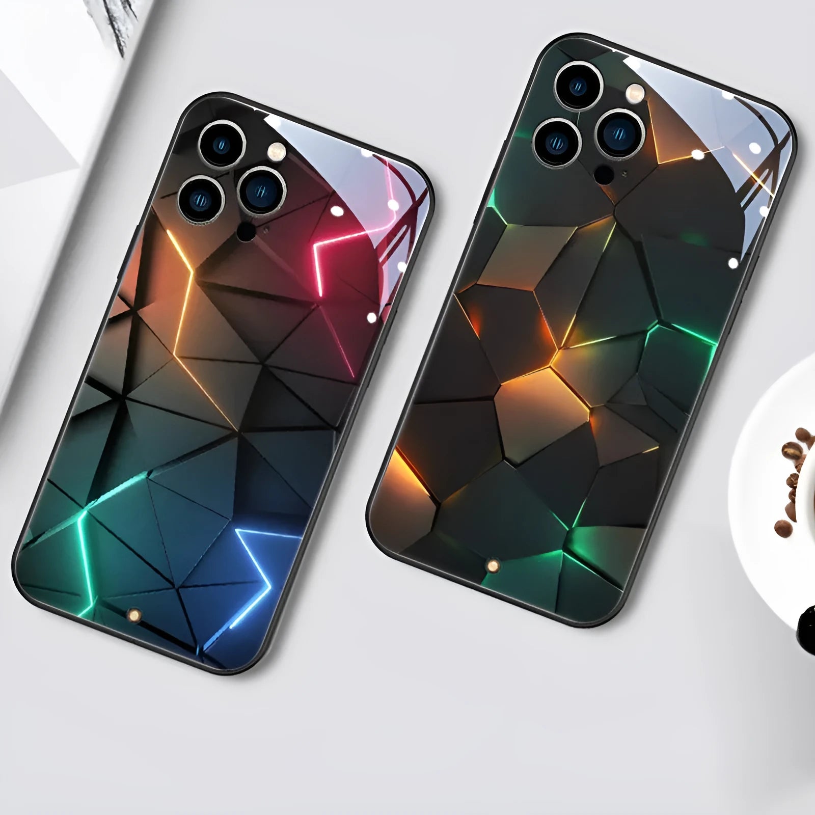 Transparent tempered glass iPhone case with incoming light feature showing Lightning Rhombus design.