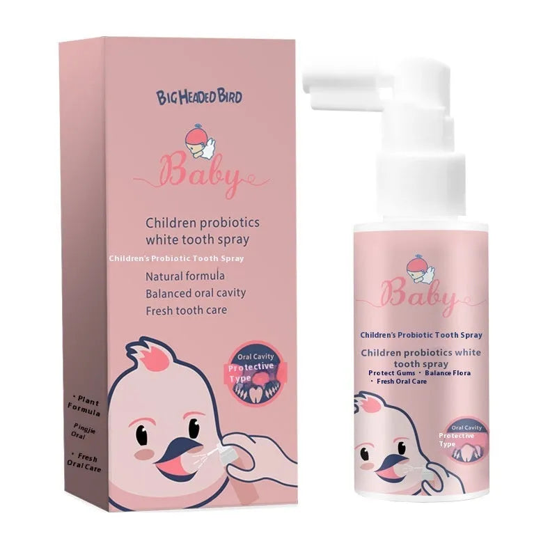Children's probiotic anticavity teeth cleaning spray in 40ml bottle with strawberry and orange flavour options