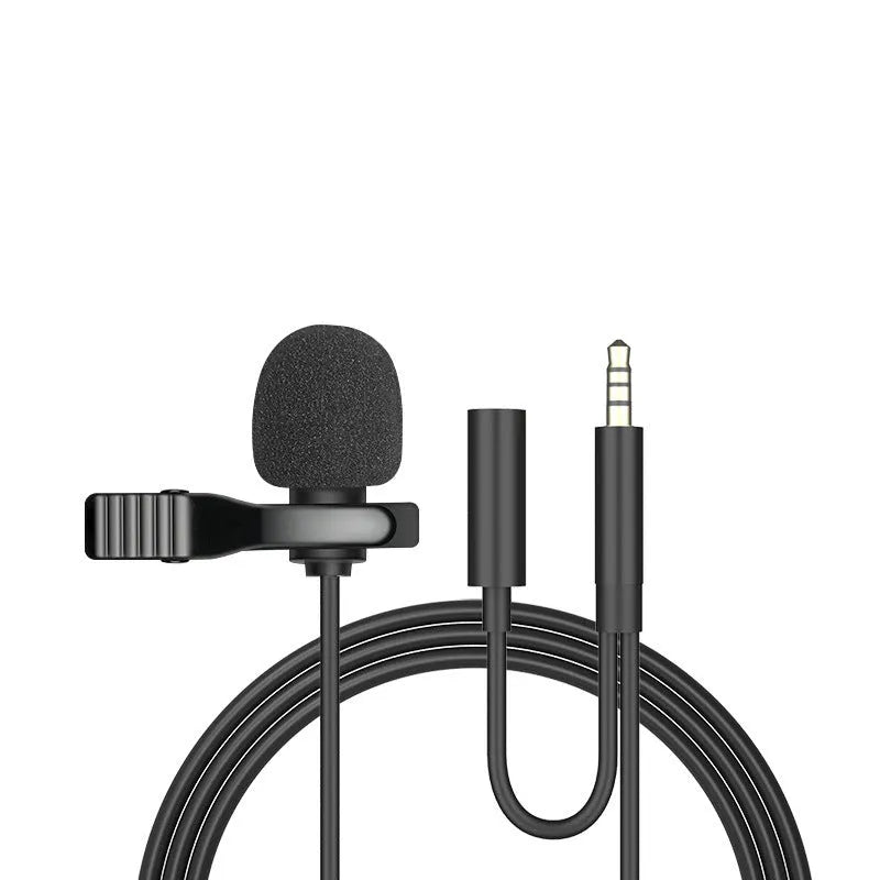 Wired lavalier microphone headset with in-ear headphones and 3.5mm plug for mobile phone recording.