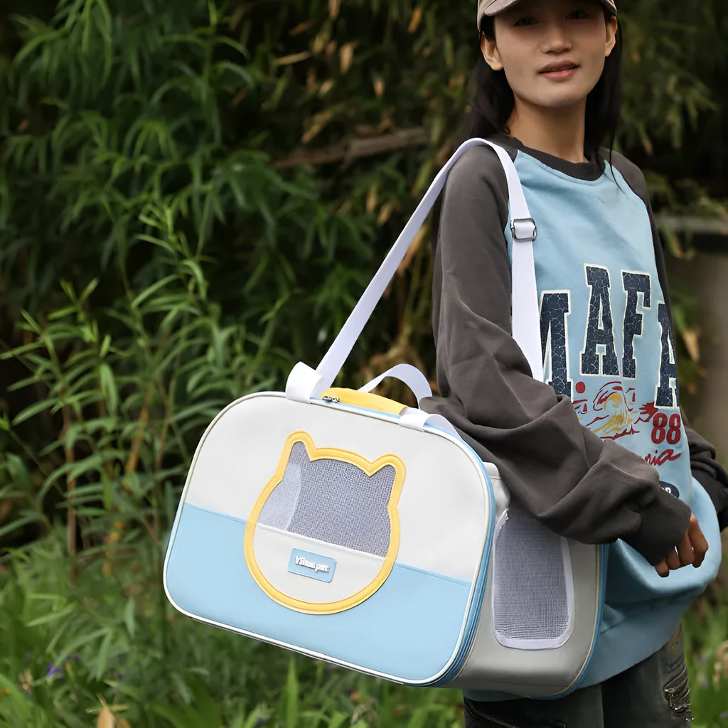 Outdoor portable foldable cat backpack in Oxford cloth with 15 jin capacity shown in blue colour option