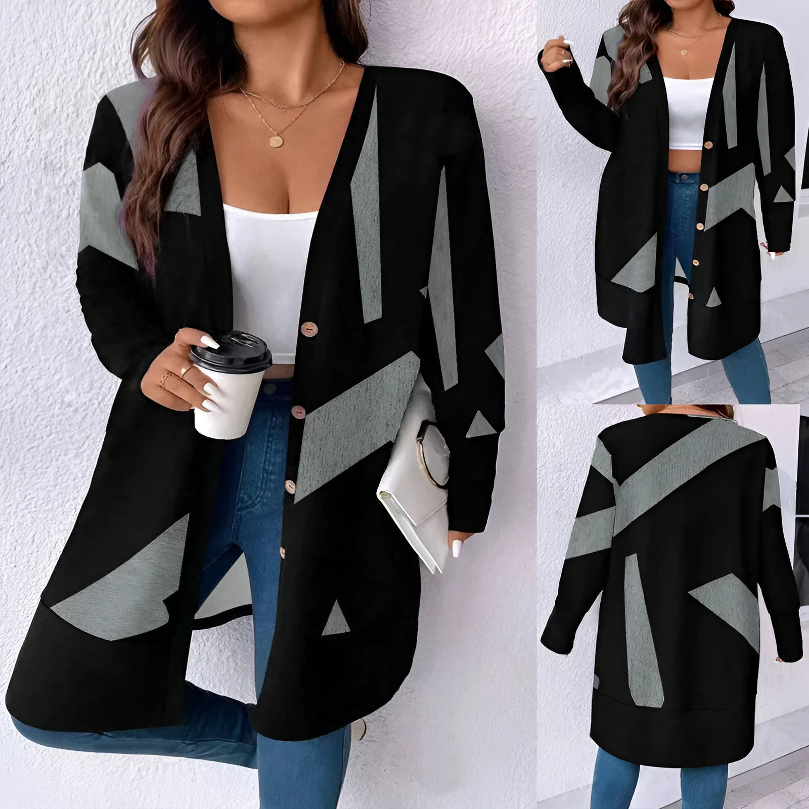 Black plus size knitwear cardigan coat with button stitching and loose casual fit