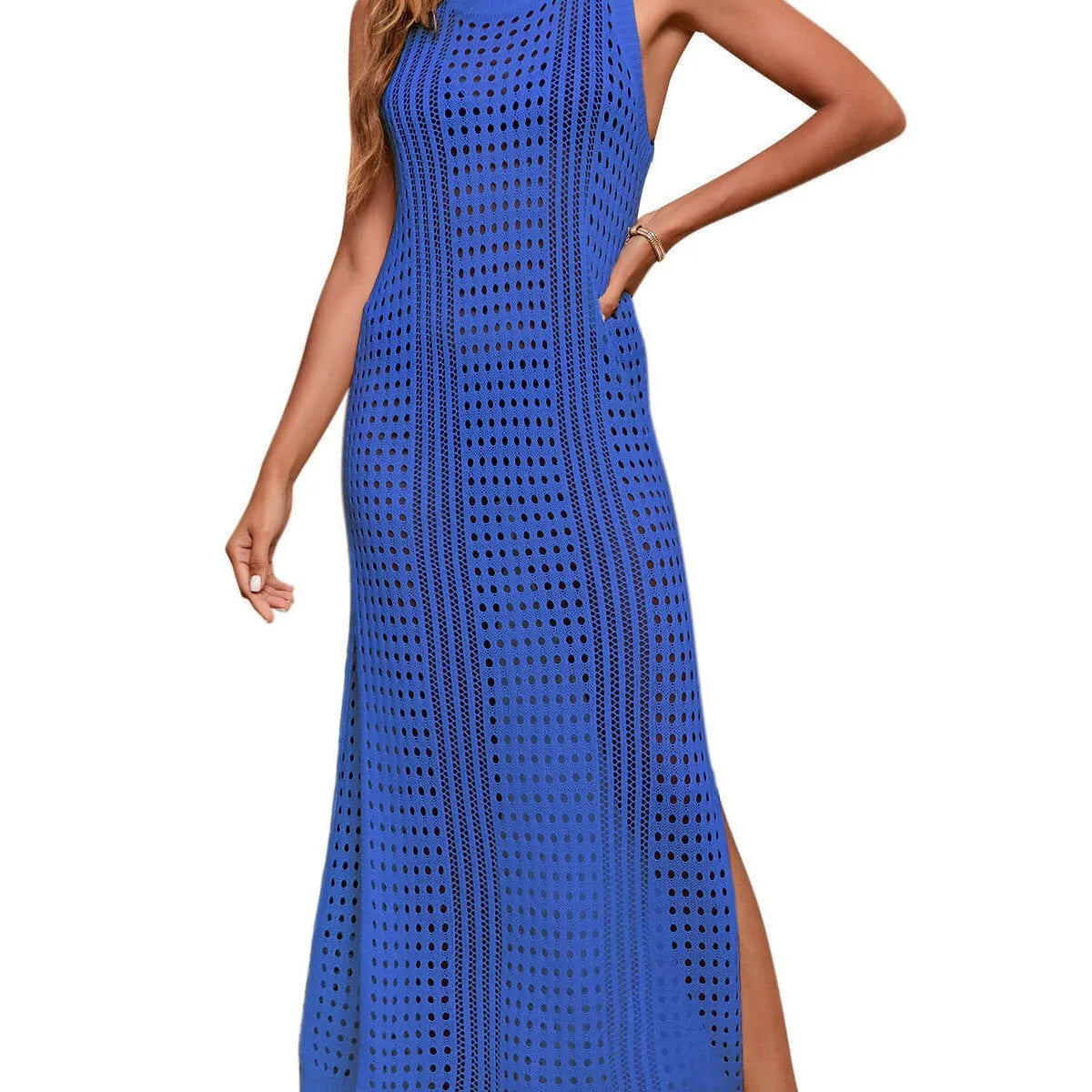 Long loose solid colour hollow-out knitted beach blouse for women shown in apricot.