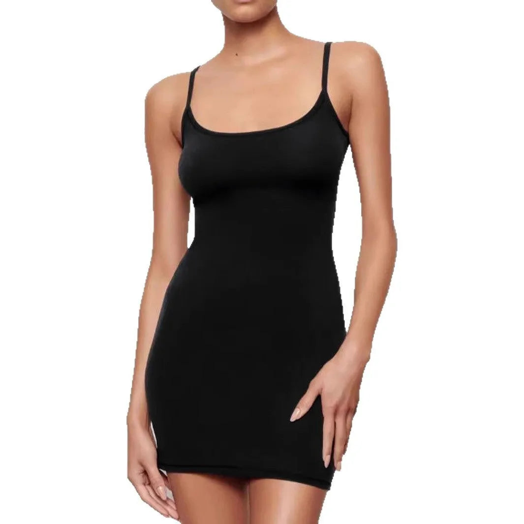 Black sleeveless skinny sheath sling dress with mid-waist and short skirt