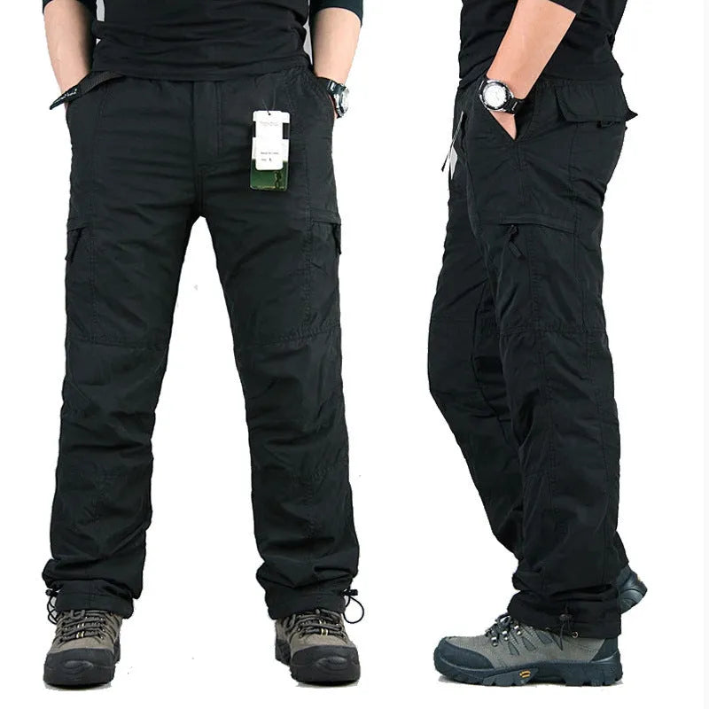 Men's loose-fit cotton velvet overalls with wool lining, shown in khaki colour.