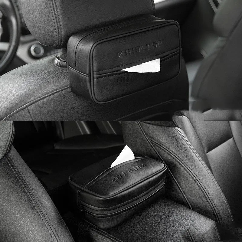 PU leather car hanging storage box bag in black colour showing dimensions and hanging strap