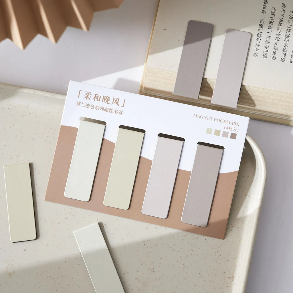 Set of four magnetic Morandi colour block bookmarks showing different colour options