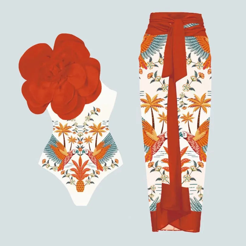 Women's floral print one-piece swimsuit with matching sarong wrap skirt in multiple colour options