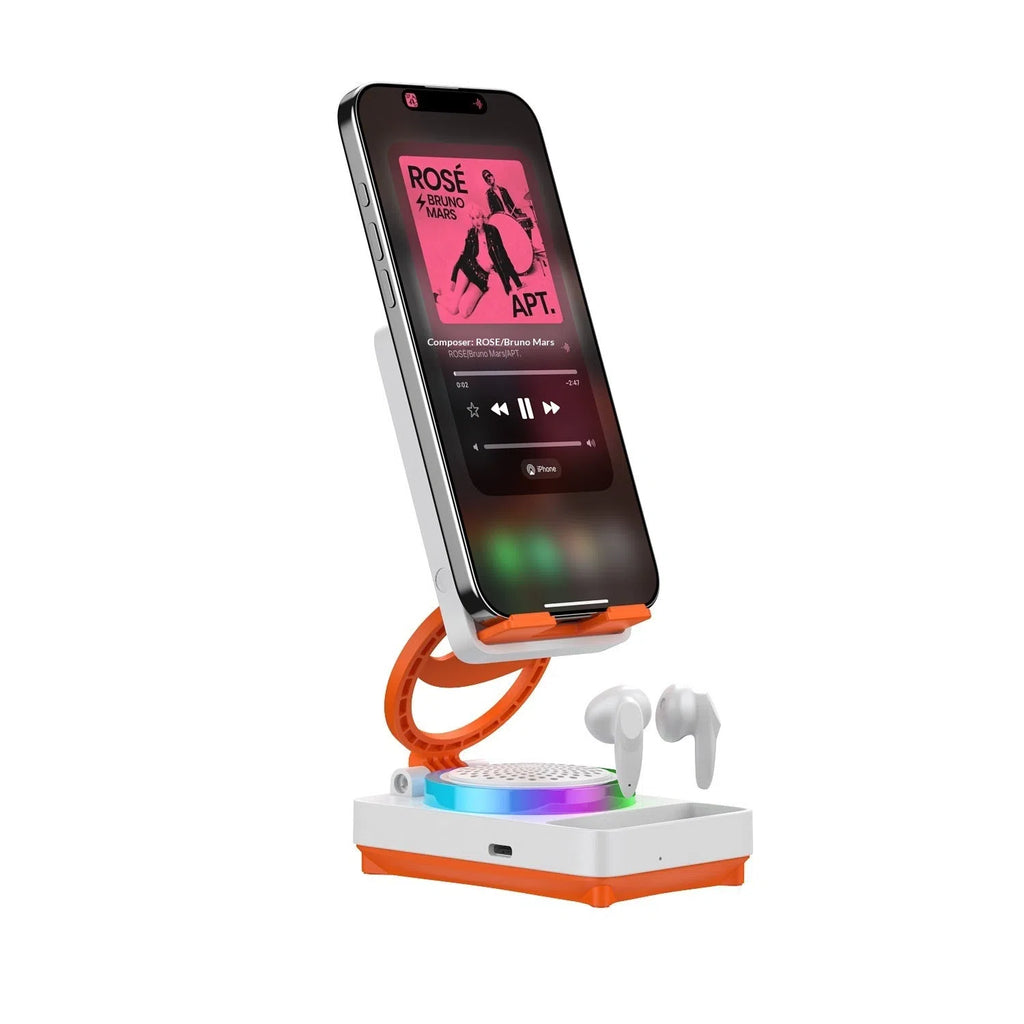 TF27BOX multifunctional mobile phone holder with integrated speaker in black and white colour options