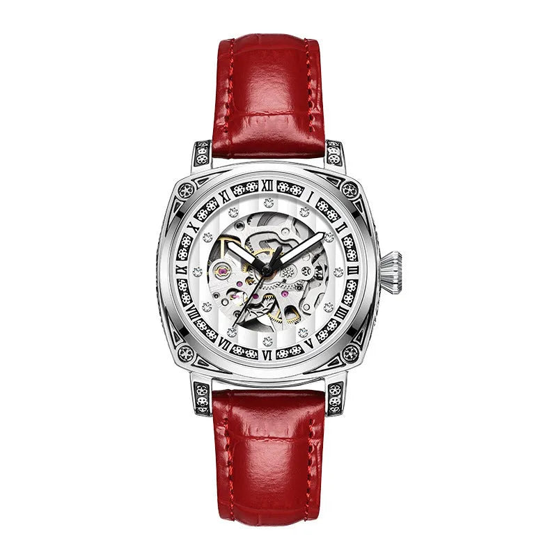 Men's black dial mechanical watch with luminous hands on a leather strap, showing 10m waterproof rating.