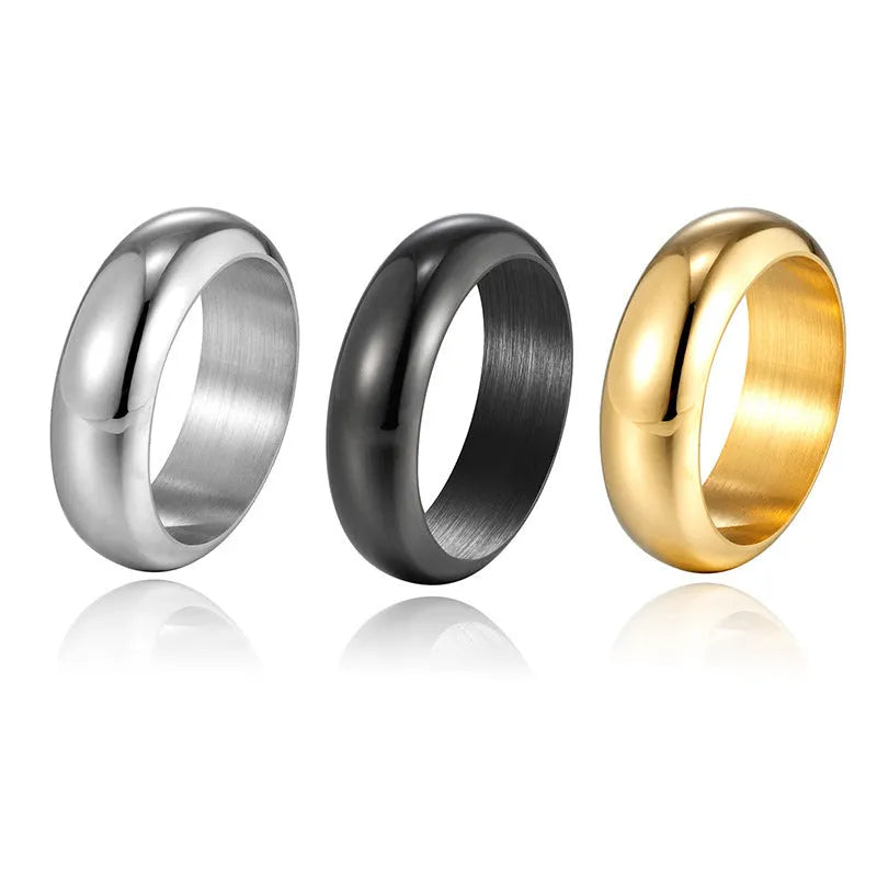 Glossy electroplated titanium steel ring in gold, black or steel colour showing shiny band design.