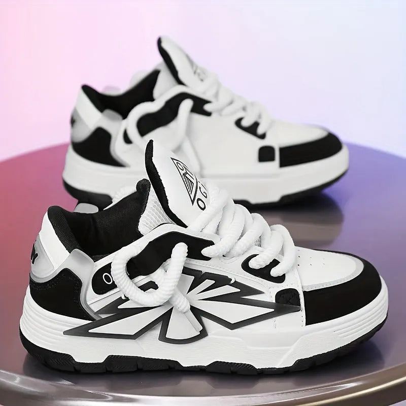 Men's white chunky sneakers with thick rubber sole and totem pattern detail on synthetic leather upper