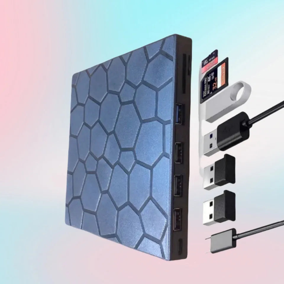 Black external USB CD drive and writer with compact 15.5 cm design