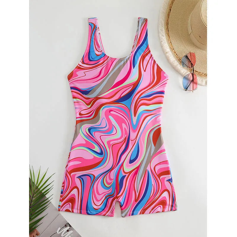Women's printed one-piece swimsuit with high waist and backless design in polyester fabric