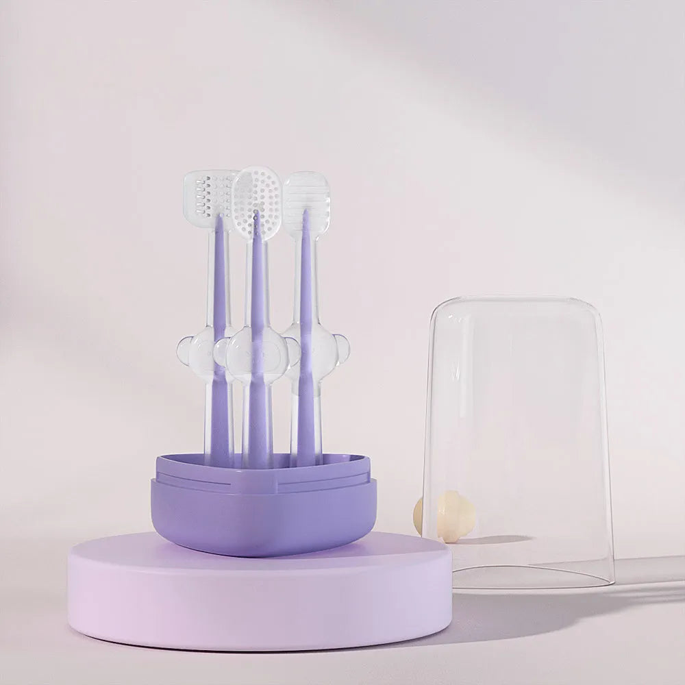 Purple pet toothbrush with soft silicone bristles for dog and cat dental cleaning