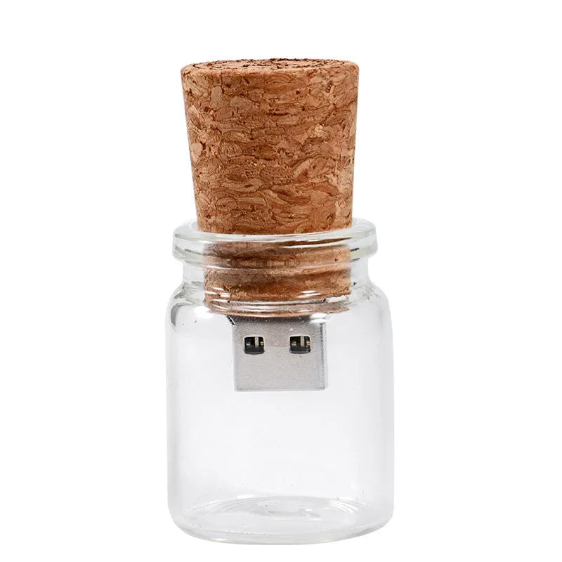 Chocolate brown wooden USB flash drive with drift bottle design showing custom engraving option