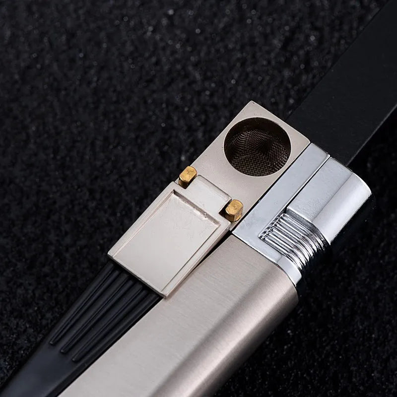 Silver and black foldable metal pipe lighter with stash compartment closed.