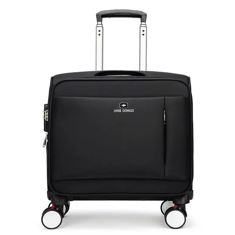 Black 18-inch Oxford cloth boarding suitcase with universal wheels and retractable handle