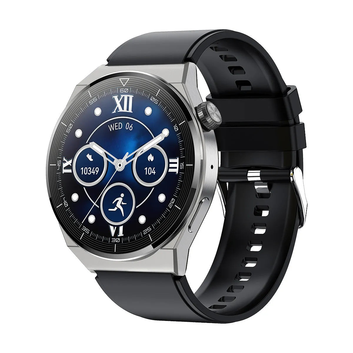 Round Android smart watch with black silicone band showing a homescreen on its 1.36-inch display.