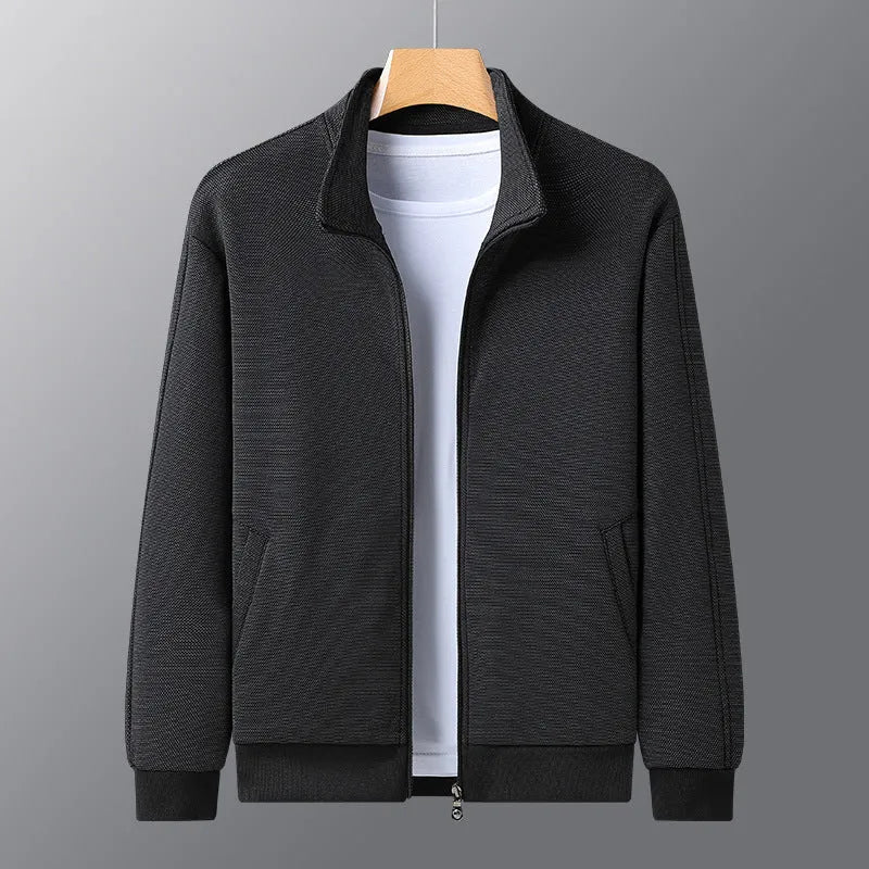 Men's black blended casual jacket with a stand-up collar and zipper front.