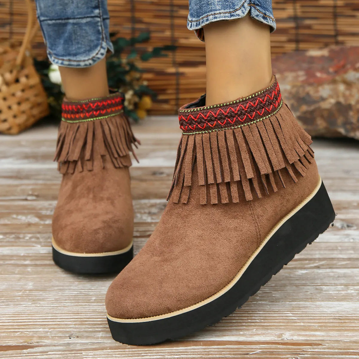 Women's wedge boots with suede upper, waterproof platform, thick rubber sole, side zip, and tassel detail