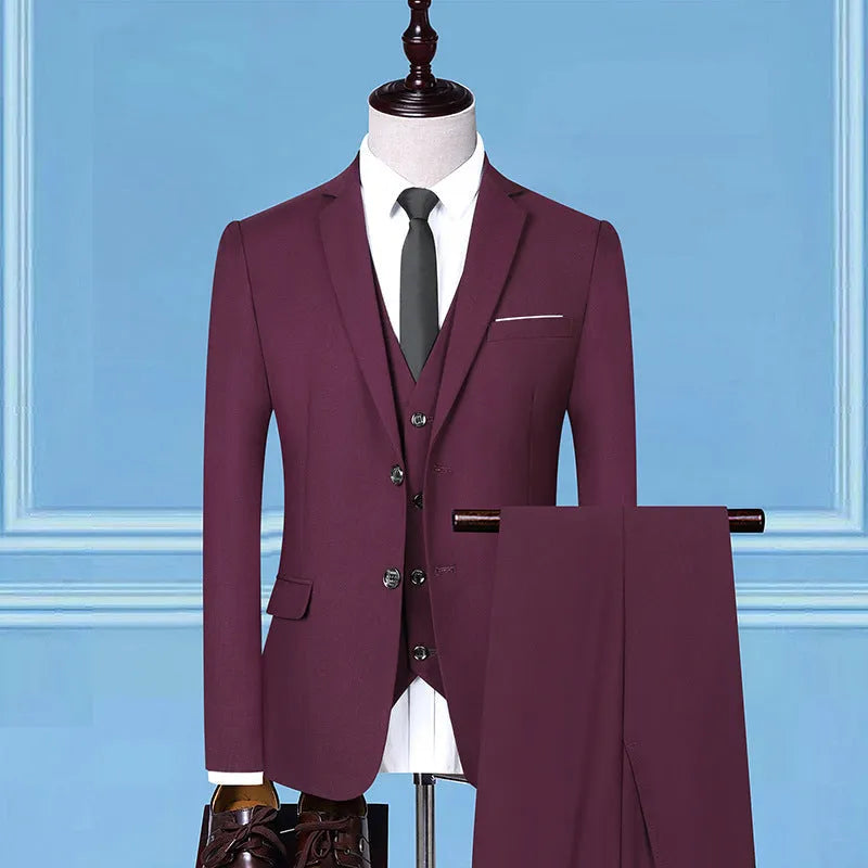Men's slim fit khaki cotton blend bridegroom vest on a hanger.