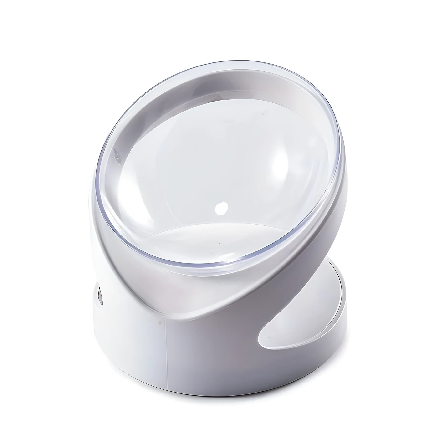 White clear plastic tilted ergonomic cat food bowl for dry and wet food.