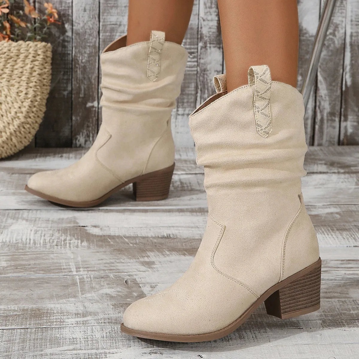 Mid-calf suede boots for women with a stout mid-heel, shown in Lotus Root colour.